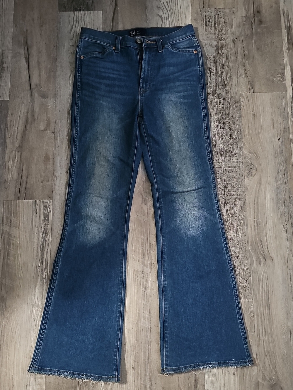 GAP High Rise Flare Jeans Medium Wash Distressed Raw Hem - Size 2 / 26R